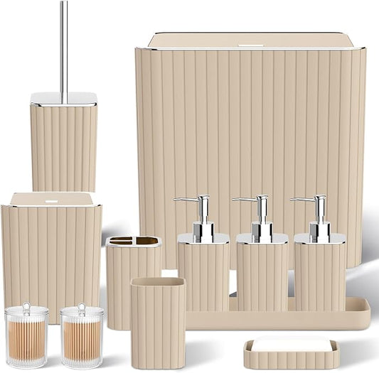 Bathroom Accessory Set - Bathroom Set, 12PC Bathroom Accessories Set, Beige Bathroom Accessories Set, Mini Trash Can, Toilet Brush, Trash Can & Soap Dispenser