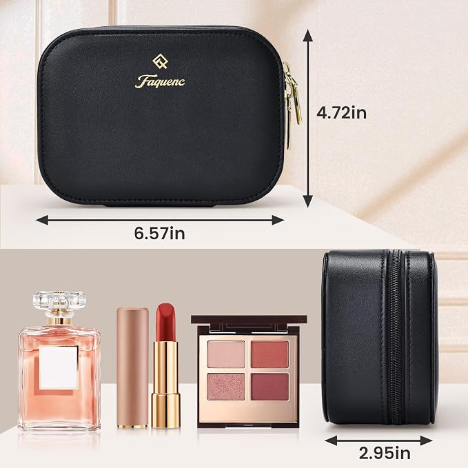 Faquenc Leather Travel Makeup Bag with LED Lighted Mirror Adjustable Brightness in 3 Colors Mini Cosmetic Bag Portable Makeup Pouch Travel Toiletry Bag for Women Instant Touch-up Vanity Black