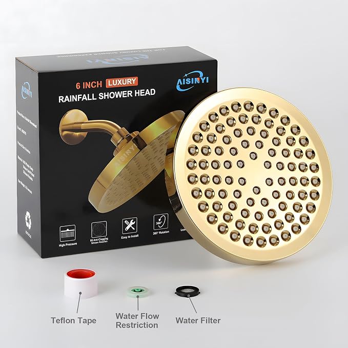 6" High Pressure Rain Shower Head, Luxury Gold Plated Finish | 6 Inch Fixed Bathroom Showerhead, Adjustable Replacement, 90 Anti-Clog Nozzles, Removable Restrictor, Tool-Free Easy Install