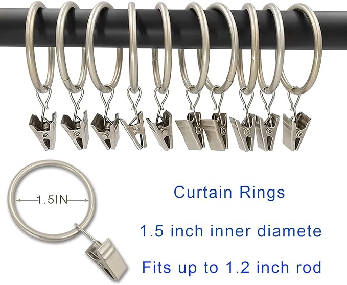 LLPJS 40 Pack Metal Curtain Rings with Clips, Curtain Clip Rings Hooks for Hanging Drapery Drapes Bows, Curtain Rod Rings 1.5 inch Interior Diameter, Matte Silver