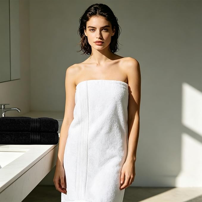 COZYART Luxury Bath Towels 4 PCS, 27x54 650 GSM Turkish Cotton, Black+White | Zero Twist 100% Ring Spun Cotton, Fluffy, Ultra Soft, Super Absorbent, Quick Dry, Large Towels for Hotel Spa Bathroom Shower