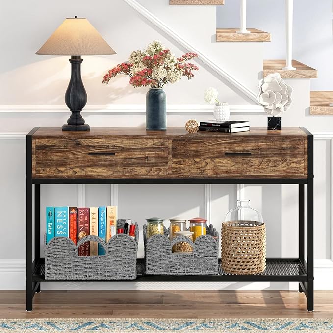 Storage Baskets for Shelves Scalloped Desk Organizer Paper Rope Bin Grey | Set of 2, Natural, Handwoven, Boho Decor, with Built-in Handles
