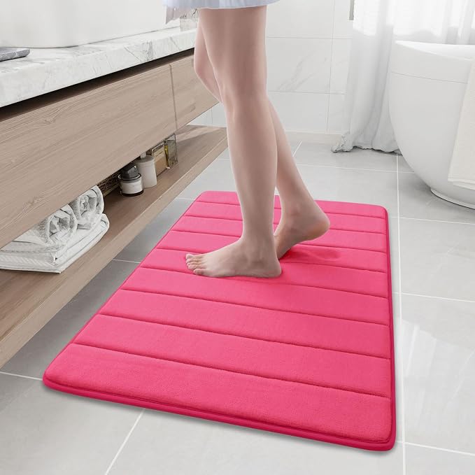 Buganda Memory Foam Bath Mat 35.4 x 24, Ultra Soft Absorbent Bathroom Rugs | Deep Pink, Machine Washable Quick Dry Bath Mats for Bathroom Floor, Shower and Tub, Home Decor Accessories