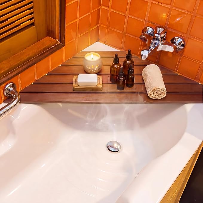 Corner Bathtub Tray Bamboo Non Slip Bathtub Corner Tray Caddy Farmhouse Bamboo Shelf for New Home House Warming Birthday Wedding Gifts for Couple Bridal Shower Gift for Women