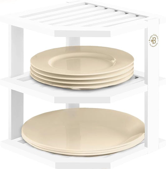 White Plate Organizer for Cabinet - 3 Tier Bamboo Corner Cabinet Organizer Shelf for Plates Bowls Mugs Cups, Kitchen Cabinet Organizer, Cabinet Shelf Organizer, Countertop Rack, 10 x 10 x 9.5 Inch