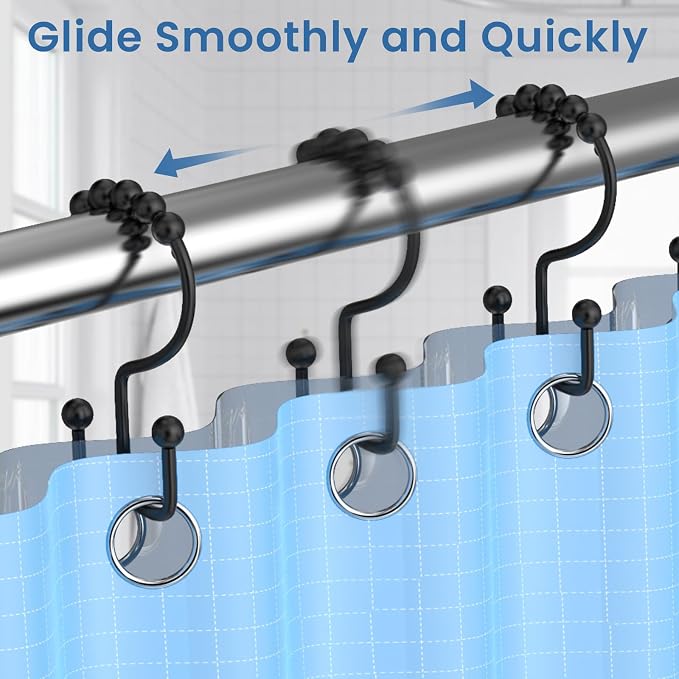 Black Shower Curtain Hooks Double Sided with Roller Balls | for Bathroom Rods, for Shower Curtain and Liner, Smooth Gliding, Rustproof Metal, Set of 12 Hooks