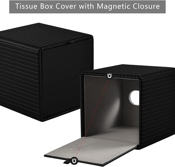 PU Leather Tissue Box Cover Square Tissue Box Holder for Bathroom Vanity Countertop Night Stands Bedroom Office Desk,Modern Tissue Decorative Organizer with Magnetic Closure (Black)