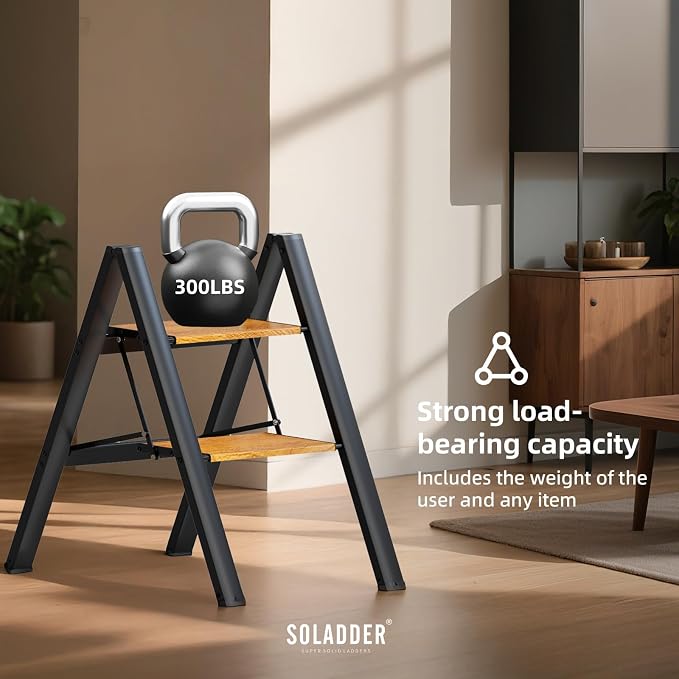 2 Step Ladder, Folding Step Stool, Black & Woodgrain | Wide Anti-Slip Steps and a Foldable, Space-Saving Design for Adults to Use in Kitchens, Closets, Library,300 lbs