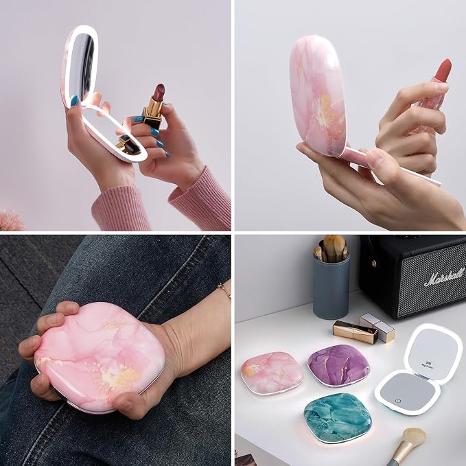 Mocado Compact Mirror with Light-4 Inches Compact 1x/10x Magnifying Mirror | Double Sides Lighted, 3 Colors Lighting, 0-100% Brightness, Diammable Touch, 1200mAh Rechargeable, For Pocket, Purse