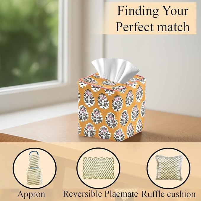 CPC Yellow Citrine Hand Block Printed Cotton Tissue Box Cover 5" x 5" x 5.5" Square Soft Reusable Boho Napkin Holder for Home Kitchen Dining Bathroom Office Cafe Spa, Gift for Spring, Mother's Day