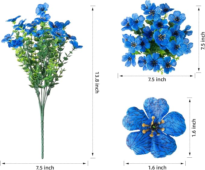 Artificial Flowers for Outdoor Indoor Garden Home Decoration, Faux Flower Daisy with Eucalyptus Leaves Fake Plants Greenery Boxwood Porch Patio, 12 Bundles (Blue)