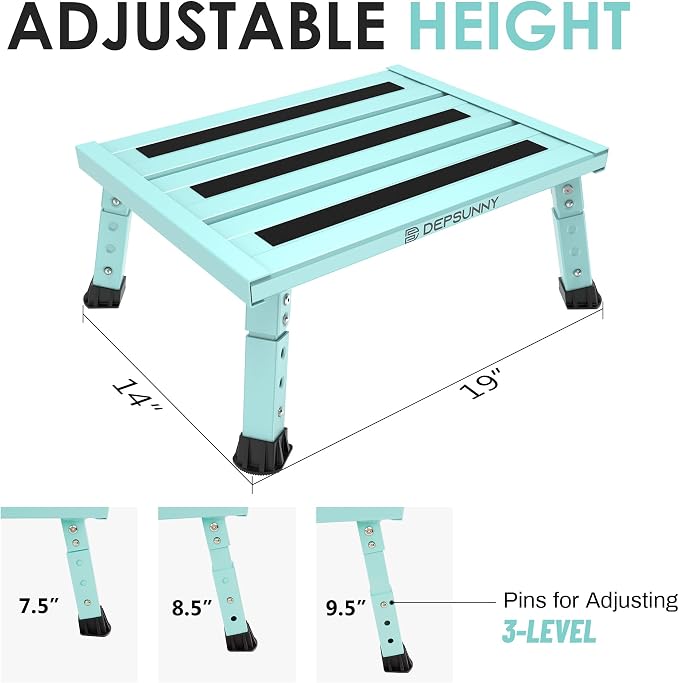 Adjustable RV Step Stool, Wide Platform, Foldable Legs, Green | 3 Height Settings, 1,000-lb Capacity, Aluminum Frame, Non-Slip Rubber Feet, Portable Step for Camper Stairs and Trailers