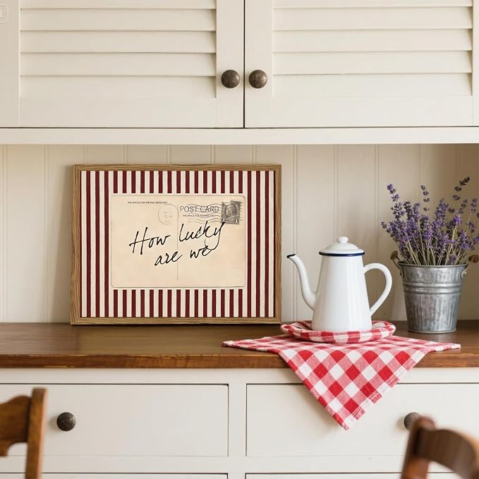 Vintage How Lucky Are Wall Art Preppy Postcard Striped Wall Decor Picture, Trendy Inspirational Quote Poster Canvas Print Picture for Living Room Bedroom 12x16 inch Wood Framed