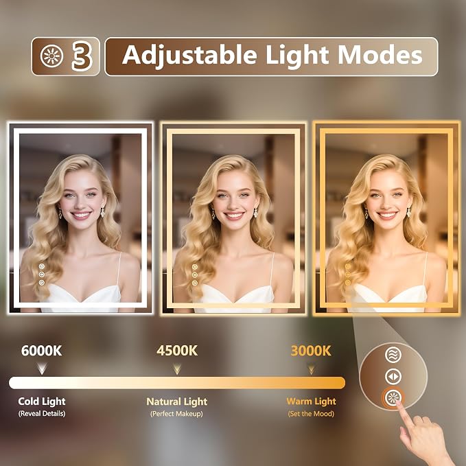 40x30 Inch LED Lighted Bathroom Mirror - Anti-Fog Vanity Mirror with Dimmable Front & Backlit, 3 Color Temp, Smart Memory - Shatterproof HD Glass, IP54 Waterproof Wall Mounted for Makeup Shaving