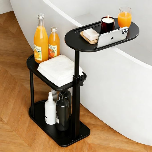 3-Tier Freestanding Bathtub Tray Table, Bamboo Swivel Bathtub Side Table with Height Adjustable Design, Standing Bath Tray for Tub Against Wall, Bathroom Organizer for Luxury Home Spa (Black)