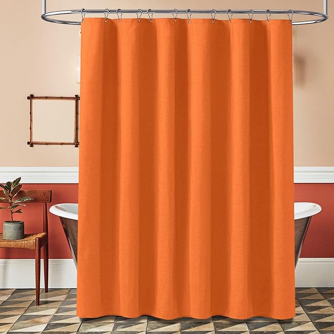 Long Linen Textured Waterproof Shower Curtain Set, 72x84, Burnt Orange | Tall Size, 230GSM Polyester, Heavy Duty Cloth, Weighted Hem, 12 Plastic Hooks, Modern Luxury Hotel Style, Machine Washable