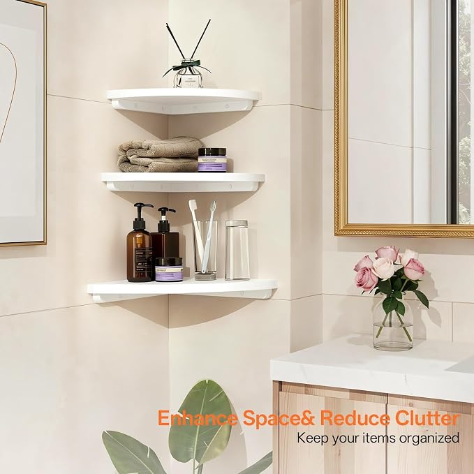 Gieanoo White Corner Wall Shelf 7inch Solid Oak Wood Floating Corner Shelf with Wire Hole Corner Wall Storage Display Shelves for Living Room Bedroom Bathroom Kitchen