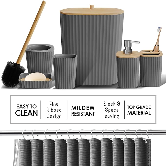 Clara Clark Bathroom Accessories Set - 27PC Bathroom Set with Adhesive Corner Shower Caddy Hanging, Bathroom Sets with Shower Curtain and Rugs, Grey Shower Curtain Set with Bathroom Trash Can | 27 Piece Grey Bathroom Sets with Shower Curtain and Rugs w...