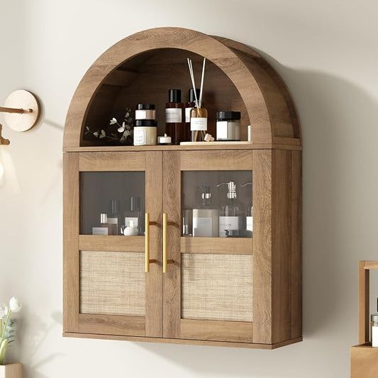 RUSTOWN Arched Bathroom Wall Cabinet with 2 Glass & Rattan Doors | Rattan Medicine Cabinet, Farmhouse Over the Toilet Storage Cabinet, Adjustable Shelves, 3-Tier Wall Mounted Cabinets