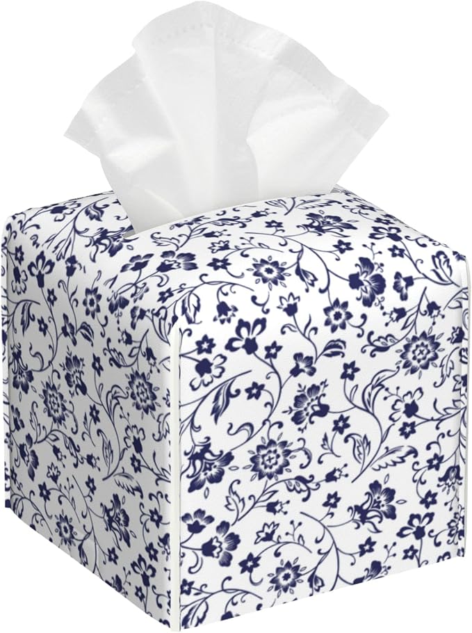 Blue and White Tissue Box Cover Square, Abstract Blue Flowers Tissue Box Holder,Waterproof Leather Facial Paper Organizer Dispenser for Bathroom Home Car Decor