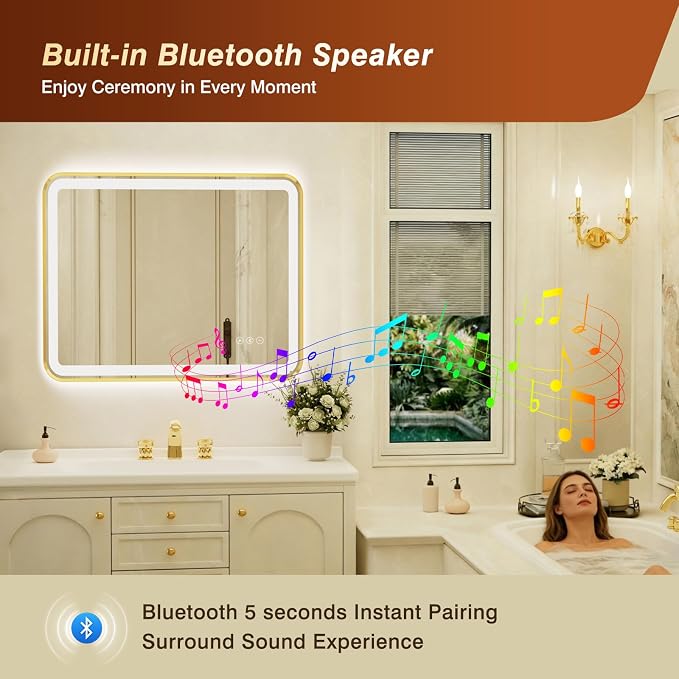 36x48 Inch Gold Framed LED Bathroom Mirror with Lights, Built-in Bluetooth Speaker, Dimmable Lighted Bathroom Vanity Mirror with 3 Colors, Backlit + Frontlit, Memory, Anti-Fog
