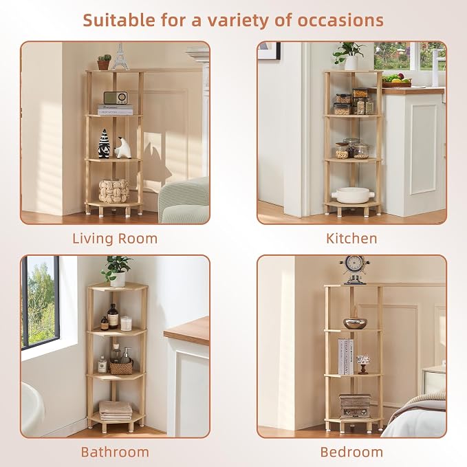 YUFAM 4-Tier Corner Shelf, Natural | Wooden Corner Bookshelf for Small Spaces, Corner Standing Shelf with Sturdy 5-Leg Base for bathroom