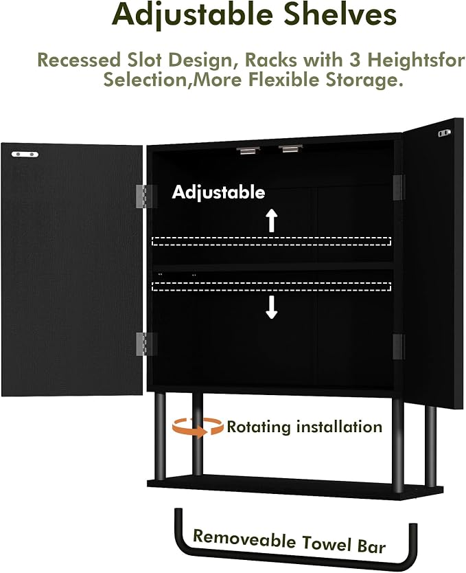 RUSTOWN Fluted Bathroom Wall Cabinet with 2 Doors, 3-Tier Medicine Cabinet | Modern Farmhouse Wall Mounted Cabinets, Over The Toilet Storage Cabinet, Adjustable Shelf and Towel Bar, Medium