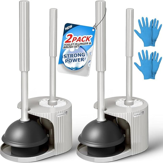 FORASTO 2Pack 2 in 1 Toilet Brush and Plunger Set,Clean Gloves, Extended Handle Plunger，Toilet Bowl Brush Plunger Set,Bathroom Cleaning Tools,Toilet Brush Plunger Combo,Cleaning Brush(Light Grey) | 21", Cleaning Gloves, Heavy Duty Rubber Toilet Bowl Cl...