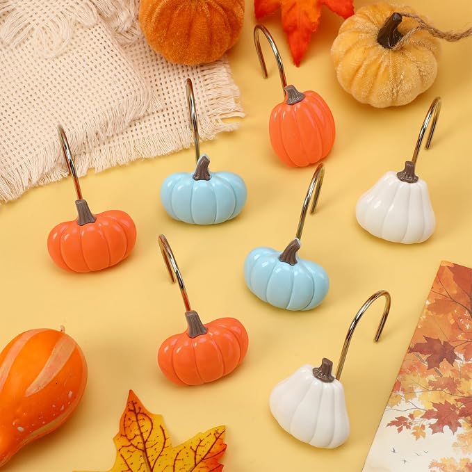 Fall Shower Curtain Hooks 12 Pcs Decorative Autumn Rings | Premium Metal Universal Size, Smooth Gliding Rust Proof, Decorative 12 Pack, Bathroom Thanksgiving Home Decor