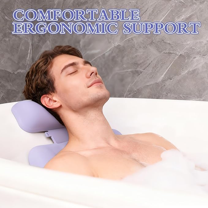 Silicone Bath Pillow, Upgraded Bath Pillows for Tub, Adjustable Height Bathtub Pillow for Head and Neck, 4D Luxury Tub Pillow Skin-Friendly Large Suction Cups Stability, Spa Relaxation-Purple