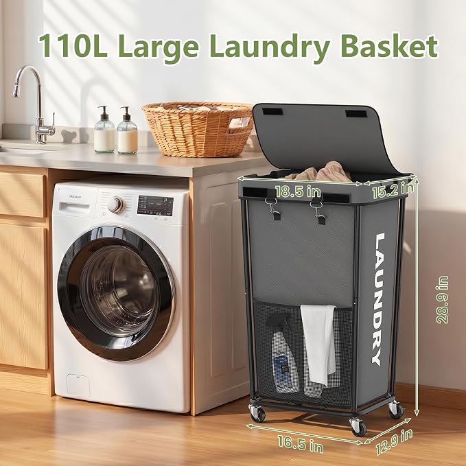 Laundry Hamper with Wheels and Lid, 110L Large Rolling Laundry Basket Gray | Heavy Duty Clothes Organizer, Sturdy Metal Frame, Lockable Swivel Casters, Removable Bag, For Bedroom, Bathroom, Laundry Room