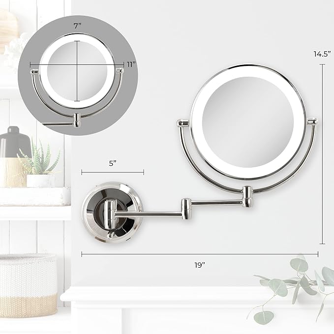 Zadro 11" LED Wall Mounted Makeup Mirror 5X/1X Shaving Mirror Cordless or Battery Operated Vanity Mirrors for Wall (Large | 5X/1X | 11" x 14.5", Chrome)