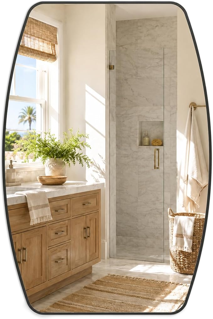 Matte Black Curved Rectangle Bathroom Mirror, 24x36 Inch | Aluminum alloy frame, tempered glass, two-way keyhole mount, for bedroom, entryway, hallway