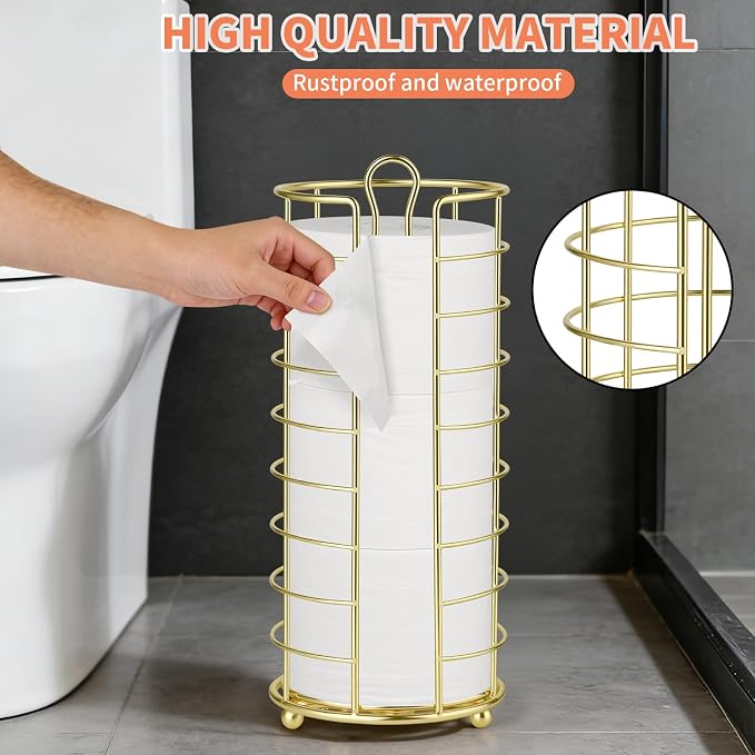 Toilet Paper Holder Stand,Freestanding,Gold | Bathroom Toilet Paper Organizer, 3 Mega Roll Toilet Paper Holder for Under Sink, Vanity, Cabinet Shelf