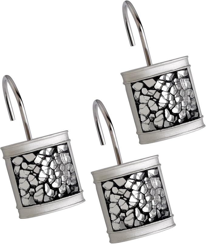 Creative Scents Silver Shower Curtain Hooks Decorative | Set of 12 | Crackled Glass Shower Curtain Rings