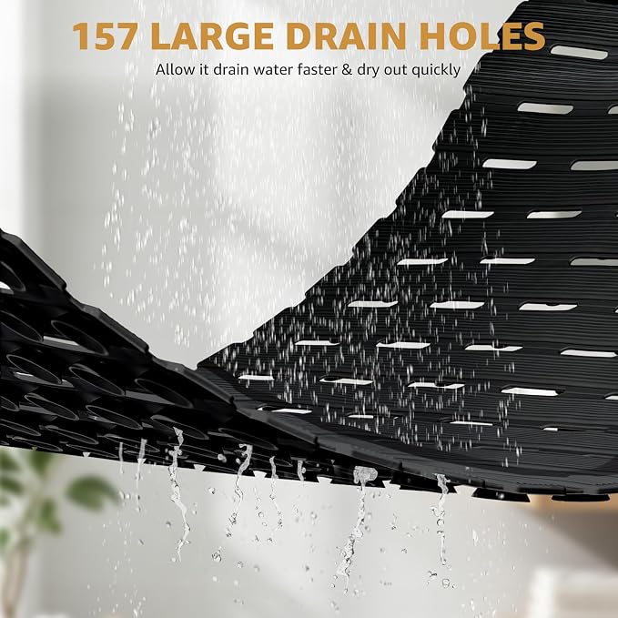 OTHWAY Non Slip Bathtub Mat, Soft TPE Black Shower Mat with Suction Cups | 36.6" x 16.9" Bath Mat for Tub Non Slip, Machine Washable Shower Floor Mat with Drain Holes