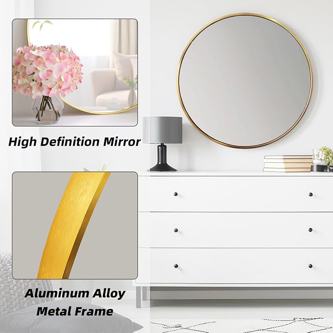 Round Gold Mirror 22 Inch, Brushed Gold Metal Frame, Circle Mirror | Circular Wall Mounted Mirrors for Bathroom, Living Room, Bedroom, Entryway, Hallway, Dining Room, Wall Decor, Waterproof