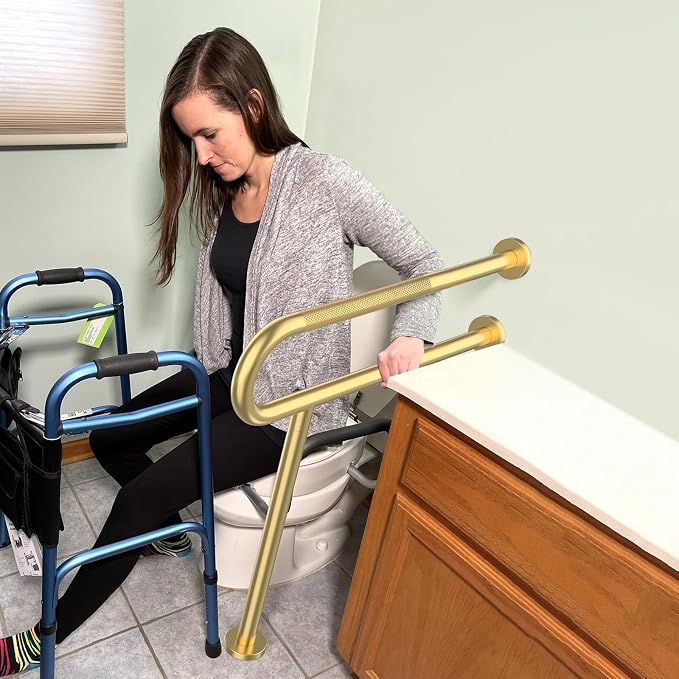 Toilet Support Rail 32 Inch, Munzong Anti-Slip Gold Handicap Grab Handrail | Bathroom Stainless Steel Floor Rails Knurled Safety Handrails with Leg for Elderly Disabled Pregnant-1.25’Tube