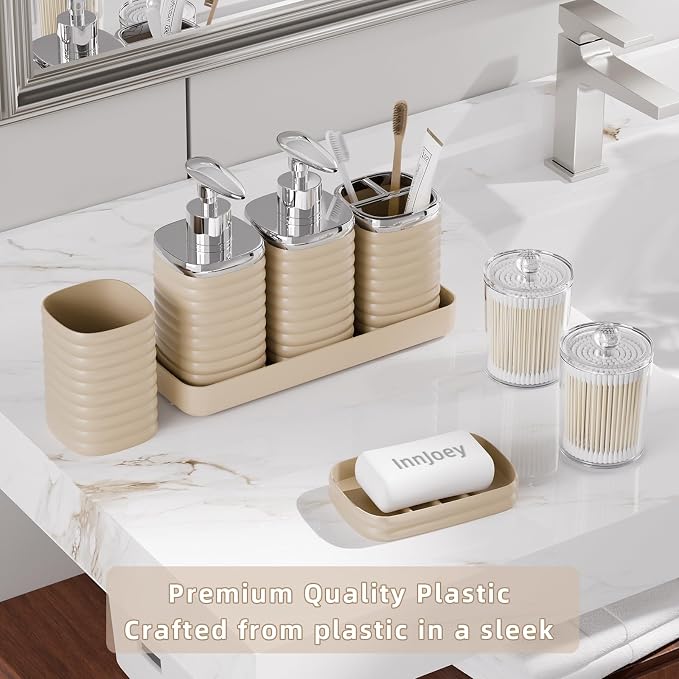 Bathroom Set - 25PC Bathroom Sets with Shower Curtain and Rugs, Beige Bathroom Set, Bathroom Accessory Set, Luxury Bathroom Accessories Set, Trash Can, Toilet Brush, Soap Dish & Soap Dispenser