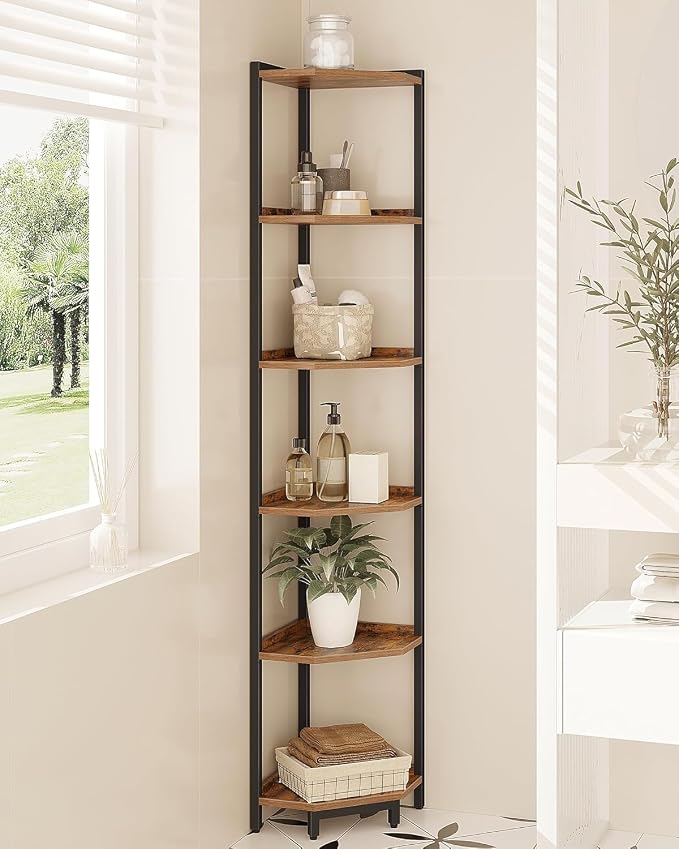 Hzuaneri Corner Shelf Stand 6-Tier Corner Bookshelf Storage Standing Shelf | Bookcase Plant Stand with Metal Frame for Living Room, Home Office, Bedroom, Rustic Brown CS06001B