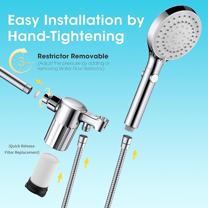 High Pressure Filtered Handheld Shower Head with Hose, Chrome | 80" Long Stainless Steel Hose, ON/OFF Switch for Pets Bath, Filter Beads for Hard Water, Remove Chlorine & Reduce Dry Skin