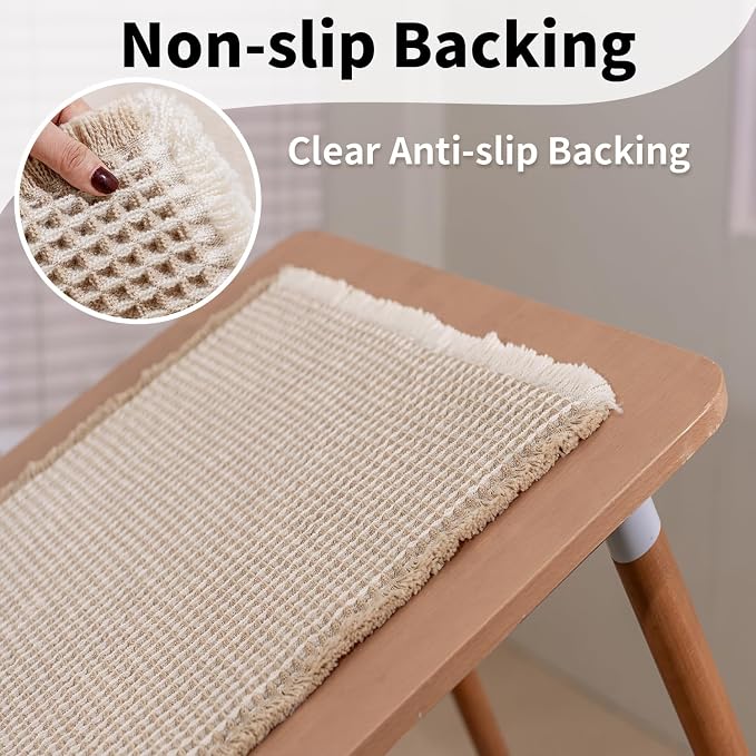 Long Bath Mat, Waffle Bathroom Runner Rug Non Slip Washable, 24 x 60 | Super Absorbent, Quick Dry Bath Runner, Soft Waffle Weave, Boho Farmhouse Bathroom Decor in Khaki and White for Sink or Tub.