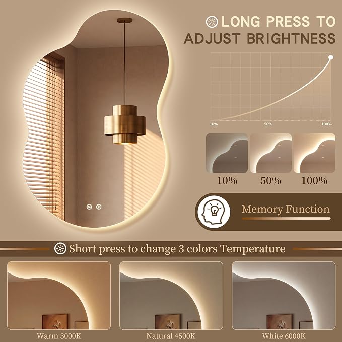 36''x24'' Lighted Mirrors for Bathroom Wall Backlit, Cloud LED Bathroom Mirror Frameless with Lights Anti Fog, Dimmable, 3 Colors,Tempered Glass, Shatter-Proof