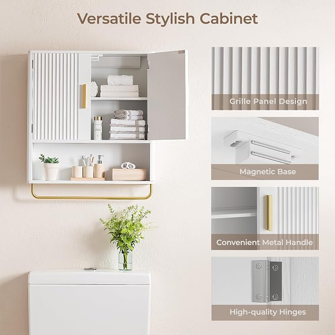 Bathroom Wall Cabinet, Medicine Cabinet with Fluted Door & Adjustable Shelf | Over The Toilet Storage Cabinet with Towel Bar, Space-Saving Cabinet Wall Mount for Laundry Room, Kitchen, Living Room