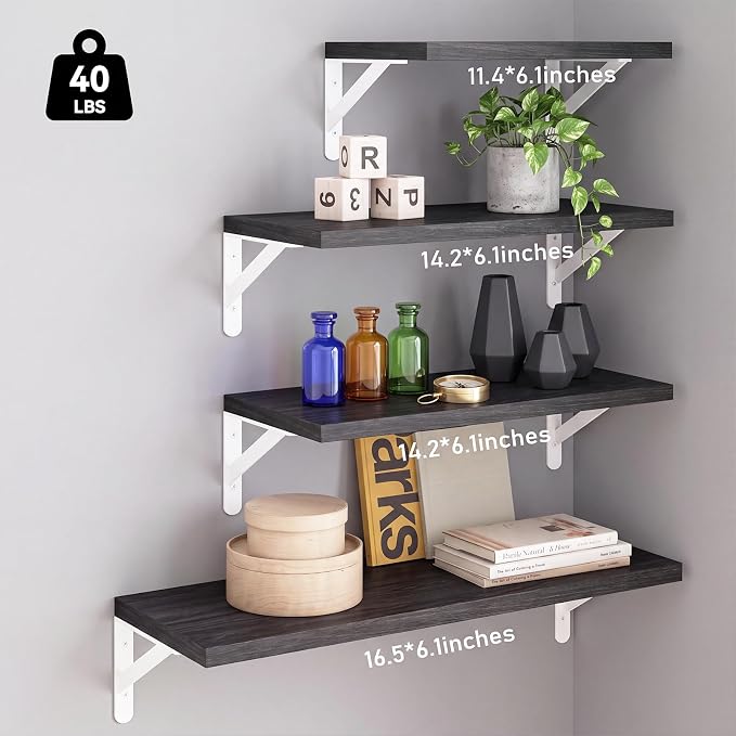 YGEOMER 4 Different Sizes Floating Shelves for Wall Decor, Black and White | Rustic wood shelves in mixed sizes for flexible combined storage. Fits bathroom, kitchen, living room, bedroom and office.