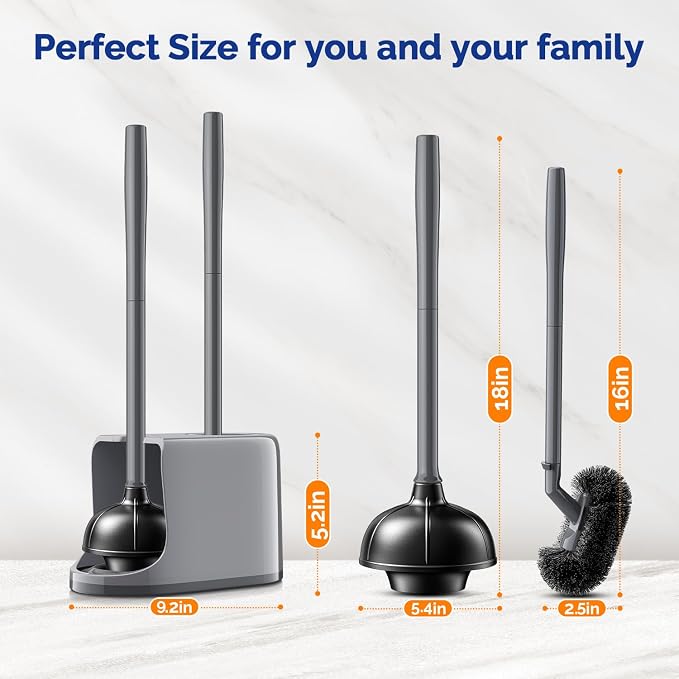 HAMITOR Toilet Plunger and Brush Set for Bathroom Cleaning with Extented Handle - Heavy Duty Toilet Plunger Combo Accessories with Caddy Stand Holder for Small Space - Gray | Extented Handle, Heavy Duty Toilet Plunger Combo Accessories with Caddy Stand...