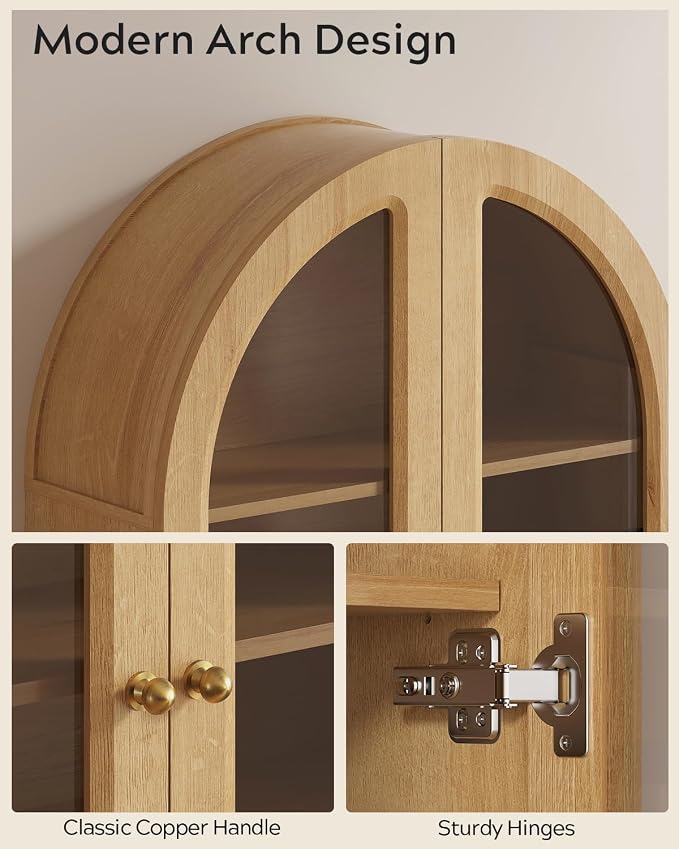 Arched Wall Cabinet, Large Bathroom Medicine Wall Mounted Cupboard, Farmhouse Floating Storage Cabinet with Acrylic Door Adjustable Shelf, Wood Organizer (Natural Oak)