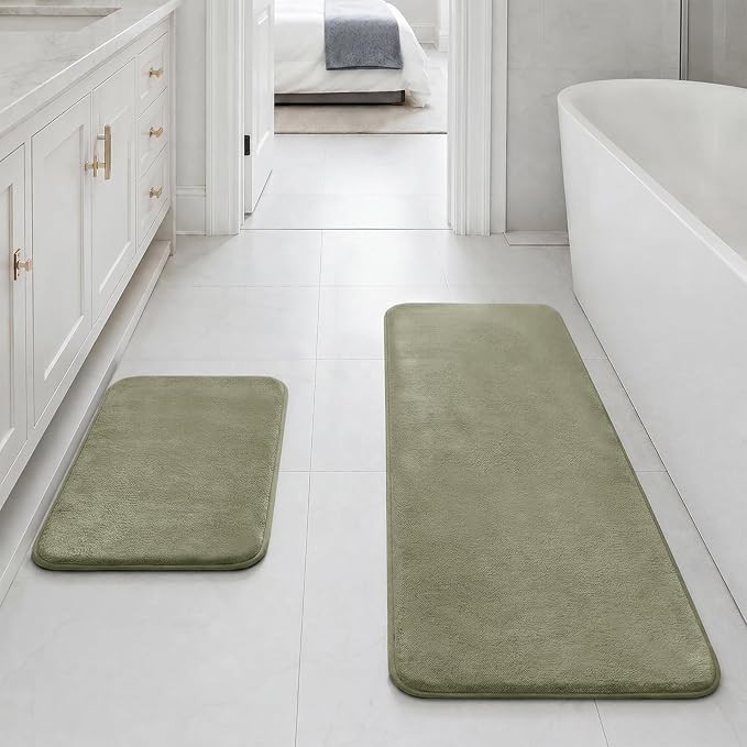 Bathroom Rugs Sets 2 Piece, Non-Slip & Quick Dry Bath Mat Set, Ultra Soft Velvet Bath Rugs for Bathroom, Toilet and Shower Floor, Olive Green