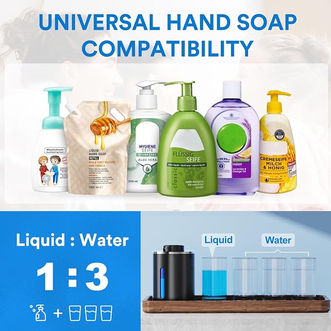 Automatic Foaming Soap Dispenser Touchless, Rechargeable Electric Hand ＆ Dish Soap Dispenser for Bathroom and Kitchen - Smart Digital Display, 6 Adjustable Level, 380ml, Wall Mounted, IPX5