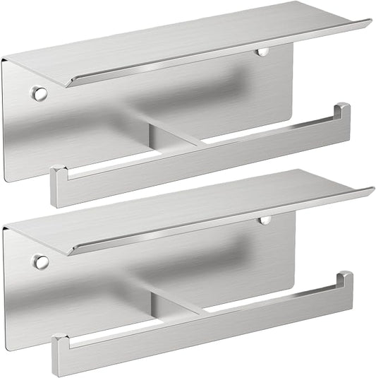 FORIOUS Toilet Paper Holder with Shelf, Commercial Toilet Paper Dispenser | Brushed Nickel 2 Pack | SUS304 Stainless Steel Wall Mount Double Bathroom Tissue Roll Holder for Hotel, Apartments, etc